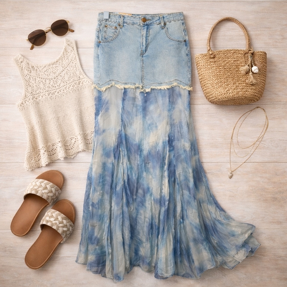 Fashion Nova Y2K Denim Tie Dye Maxi Skirt Boho Festival Small